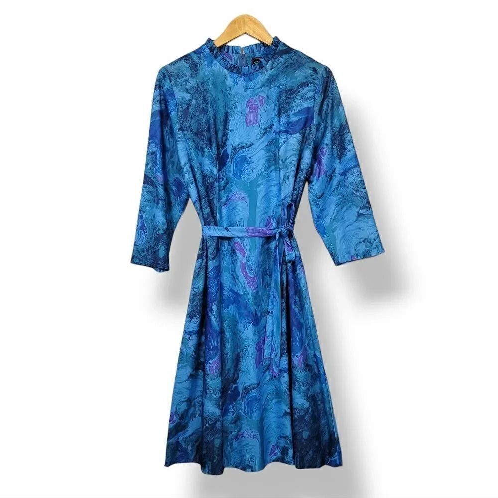 Vintage 50s 60s Mynette Marbled A-line Knee Length Dress with Tie Belt Size 18 - Picture 12 of 13